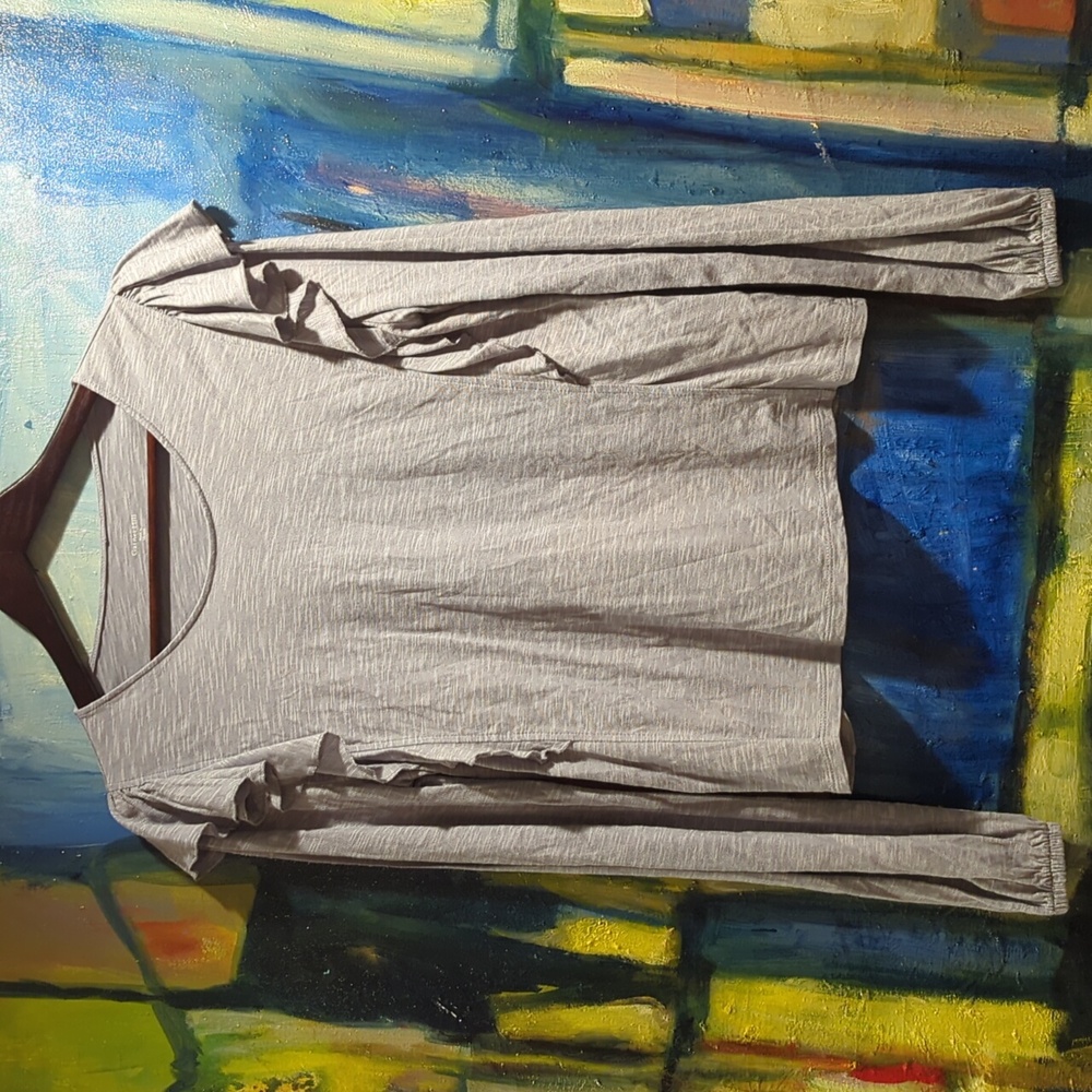 Garnet Hill Gray Ruffle Sleeve Women's Long Sleeved Top Cotton/Tencel Blend Sm